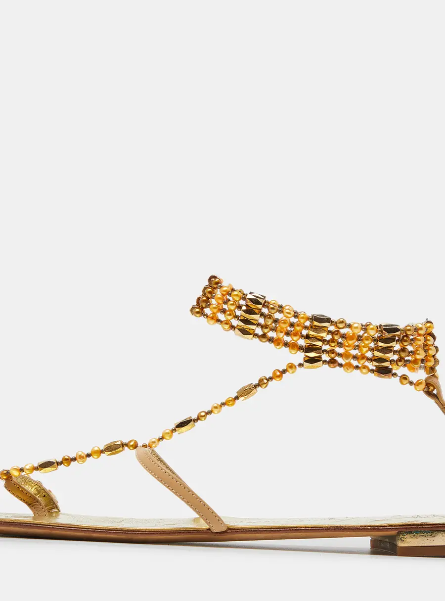 Giuseppe Zanotti Beige/Gold Leather Crystal Embellished Chain Thong Flat Sandals Size 38.5