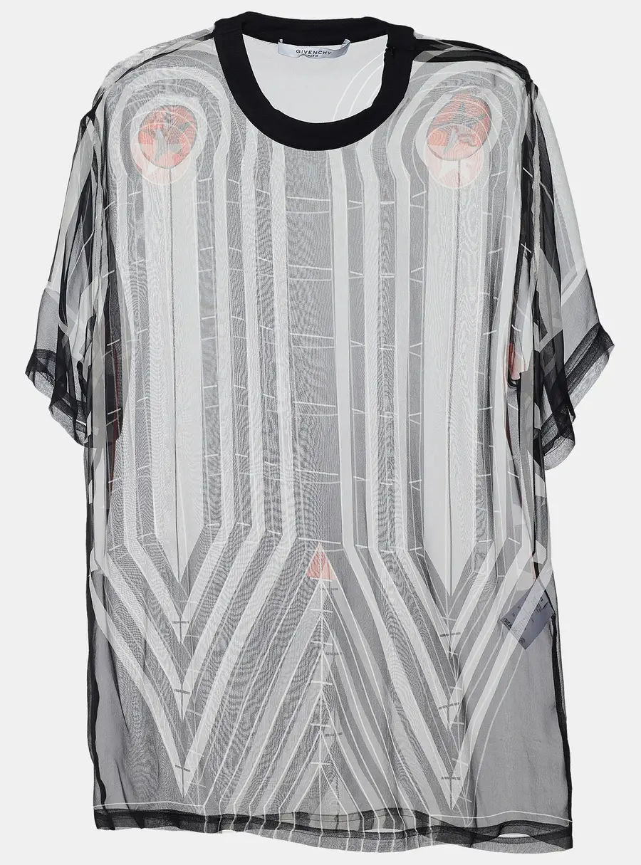 Givenchy Black Stripe Print Silk Sheer Blouse L