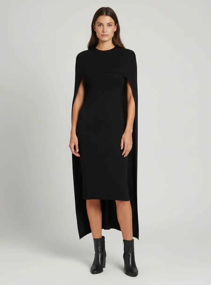 Givenchy Black Wool Rib Knit Cape Maxi Dress XS