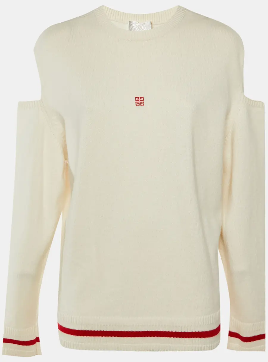 Givenchy Cream/Red Logo Intarsia Wool Blend Cut Out Sleeve Detail Sweater S