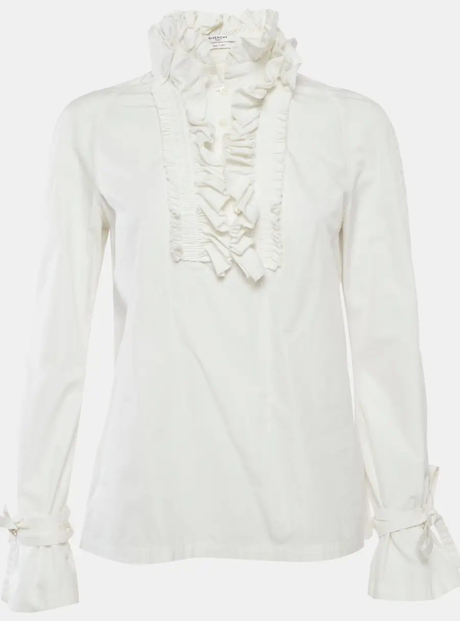 Givenchy White Cotton Poplin Buttoned Ruffled Neck Blouse M