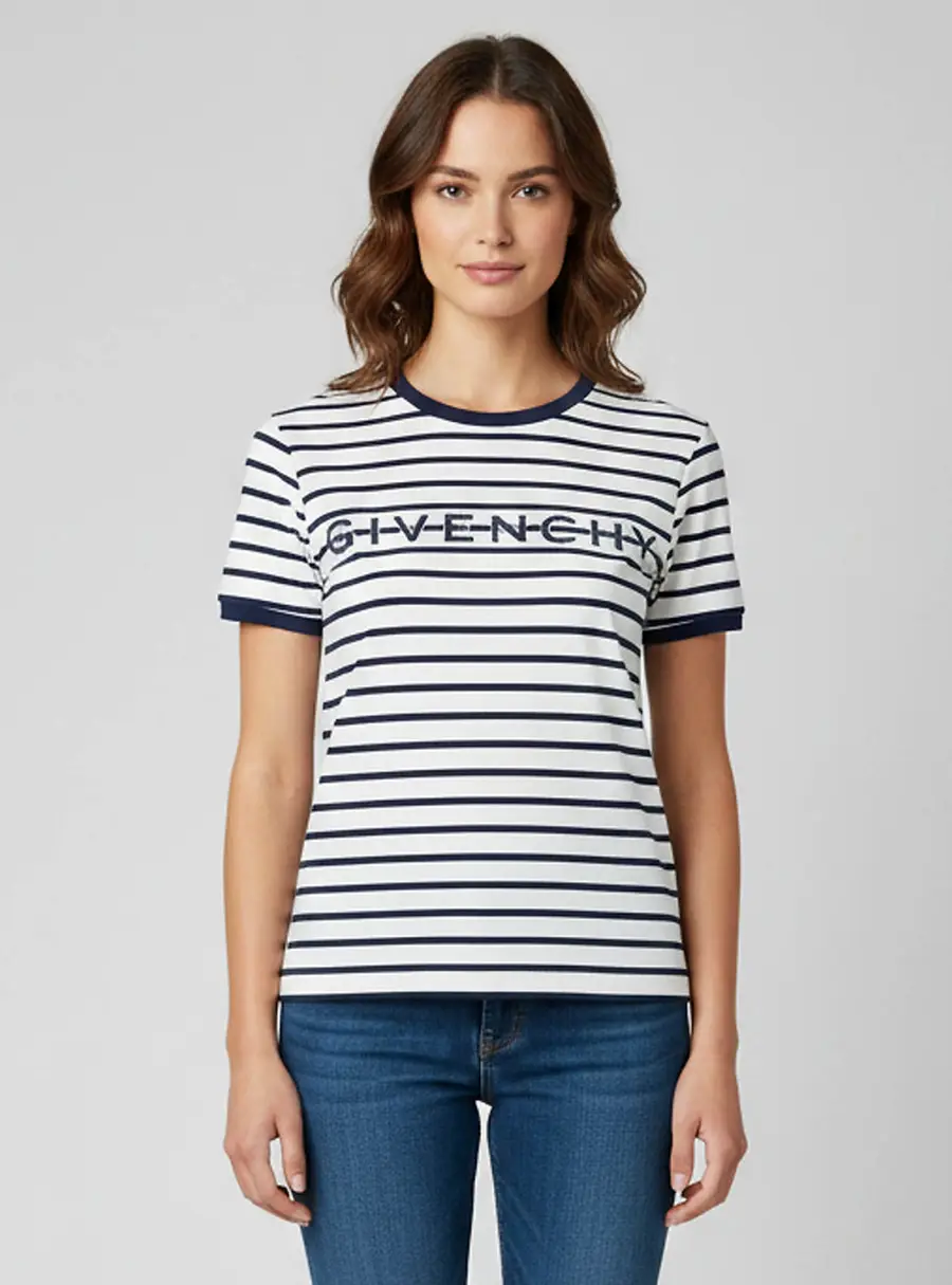 Givenchy White/Blue Striped Embroidered Logo Cotton Ringer T-Shirt S