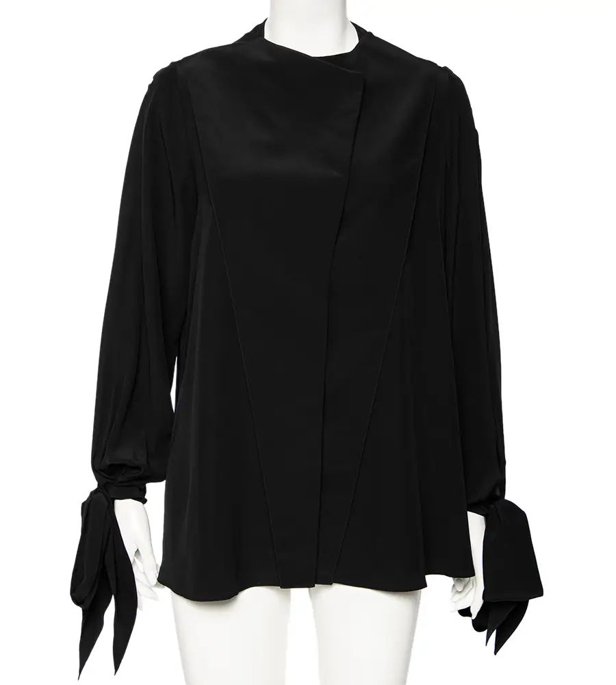 Givenchy Black Silk Sleeve Tie Detail Button Front Collarless Shirt M