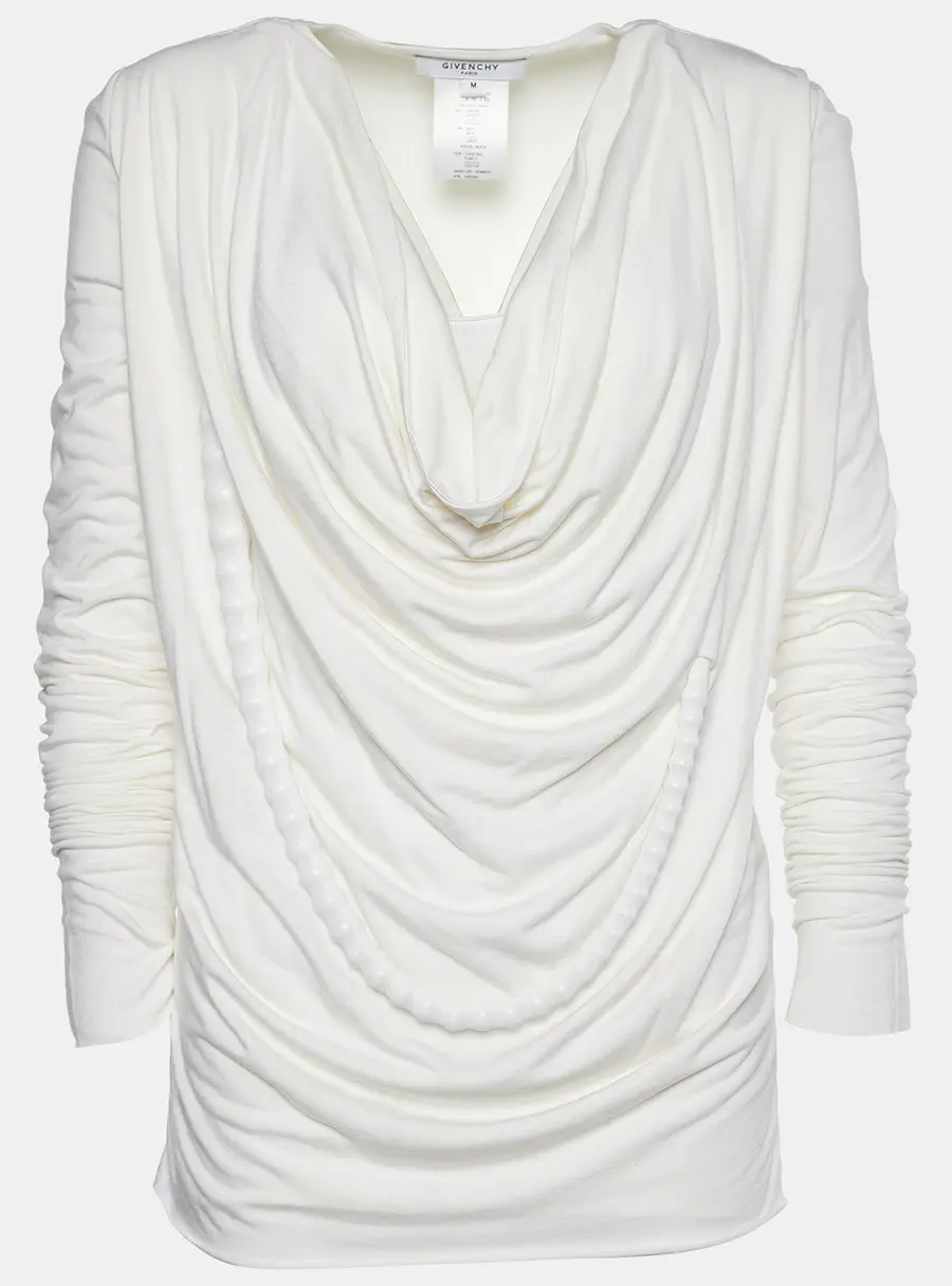 Givenchy Off-White Stretch Knit Beaded Chain Detail Draped Blouse M
