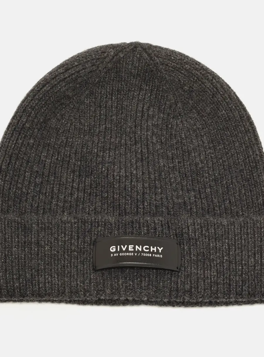Givenchy Grey Logo Applique Rib Knit Cashmere Blend Beanie One Size
