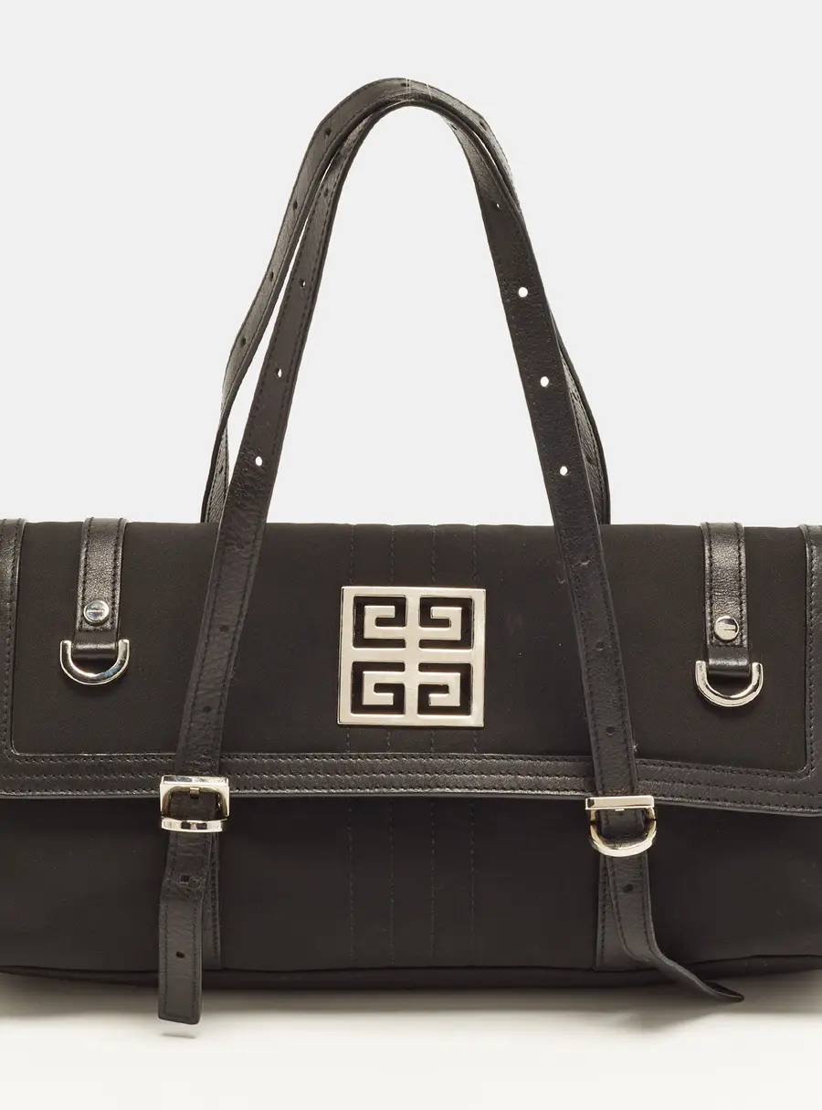 Givenchy Greca Metal Flap Black Leather and Nylon Satchel