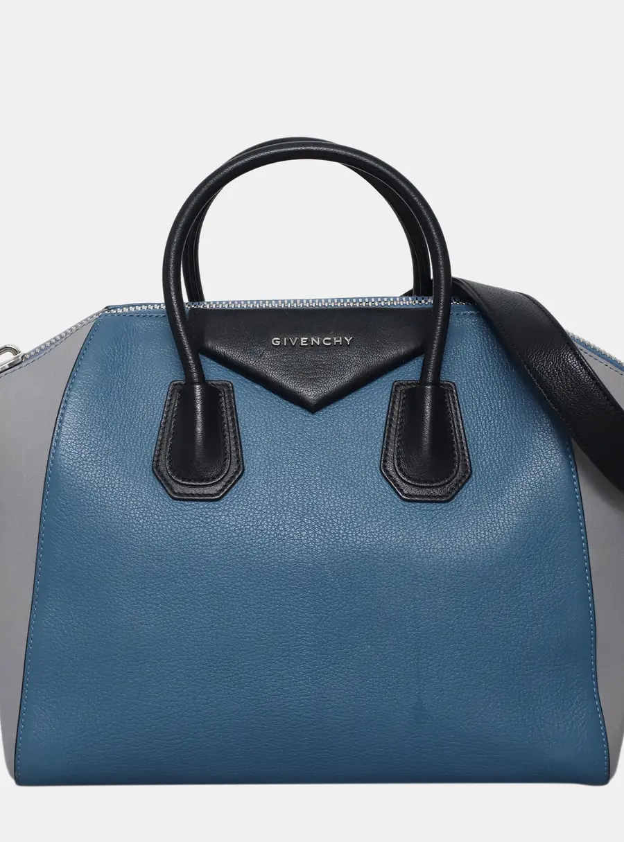 Givenchy Antigona Medium Blue Gray Black Grained Leather Satchel Bag