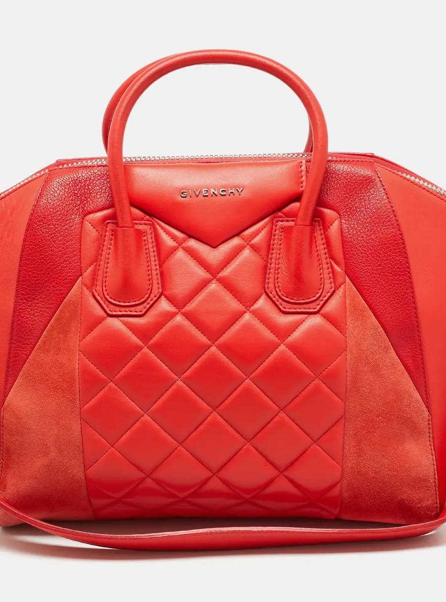 Givenchy Antigona Medium Three Tone Red Quilted Leather and Suede Satchel