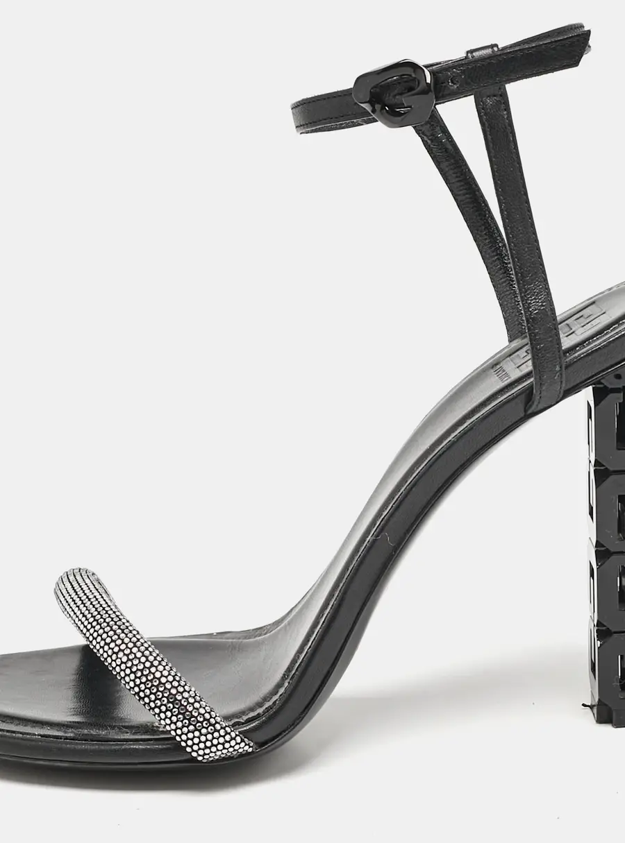 Givenchy Black Leather G Cube Crystal Embellished Heel Ankle Strap Sandals Size 41