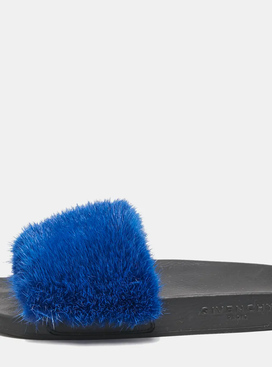 Givenchy Blue Mink Fur Pool Slide Flats Size 36