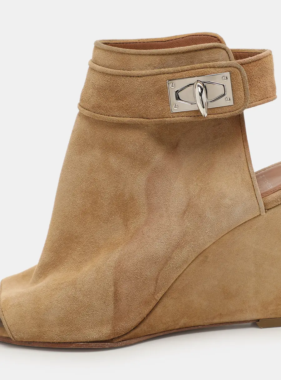 Givenchy Beige Suede Shark Lock Peep-Toe Wedge Booties Size 35