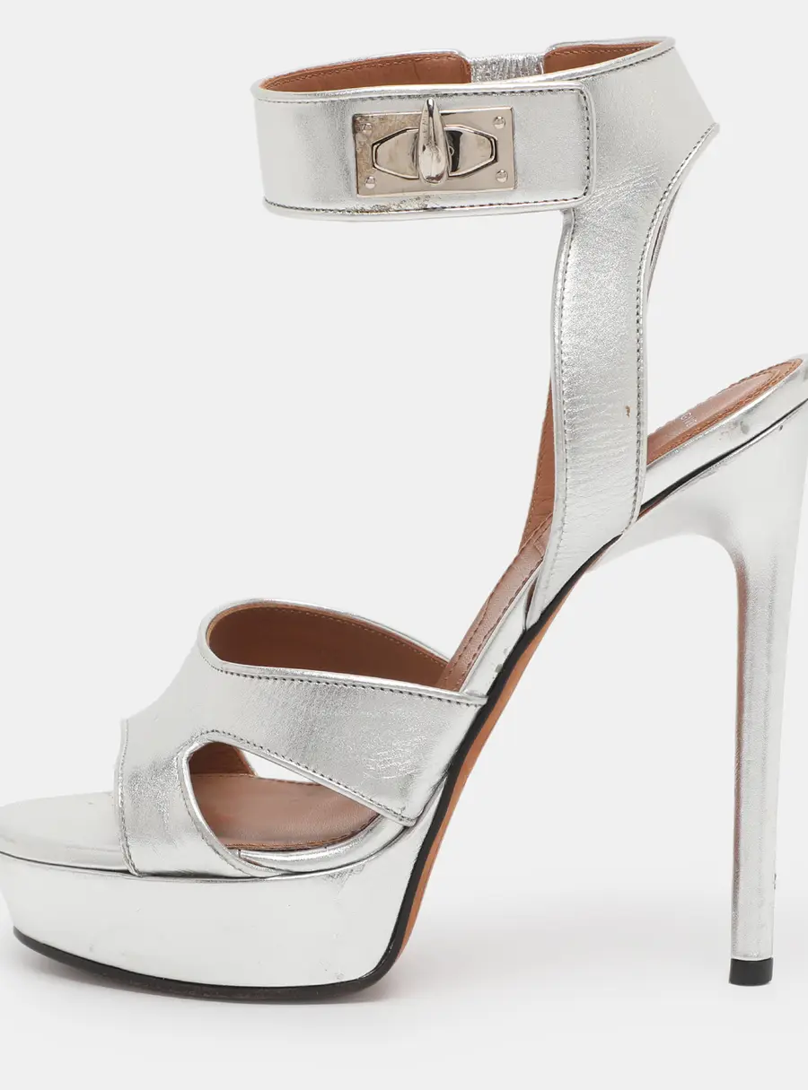 Givenchy Silver Leather Shark Lock Ankle Strap Sandals Size 36.5