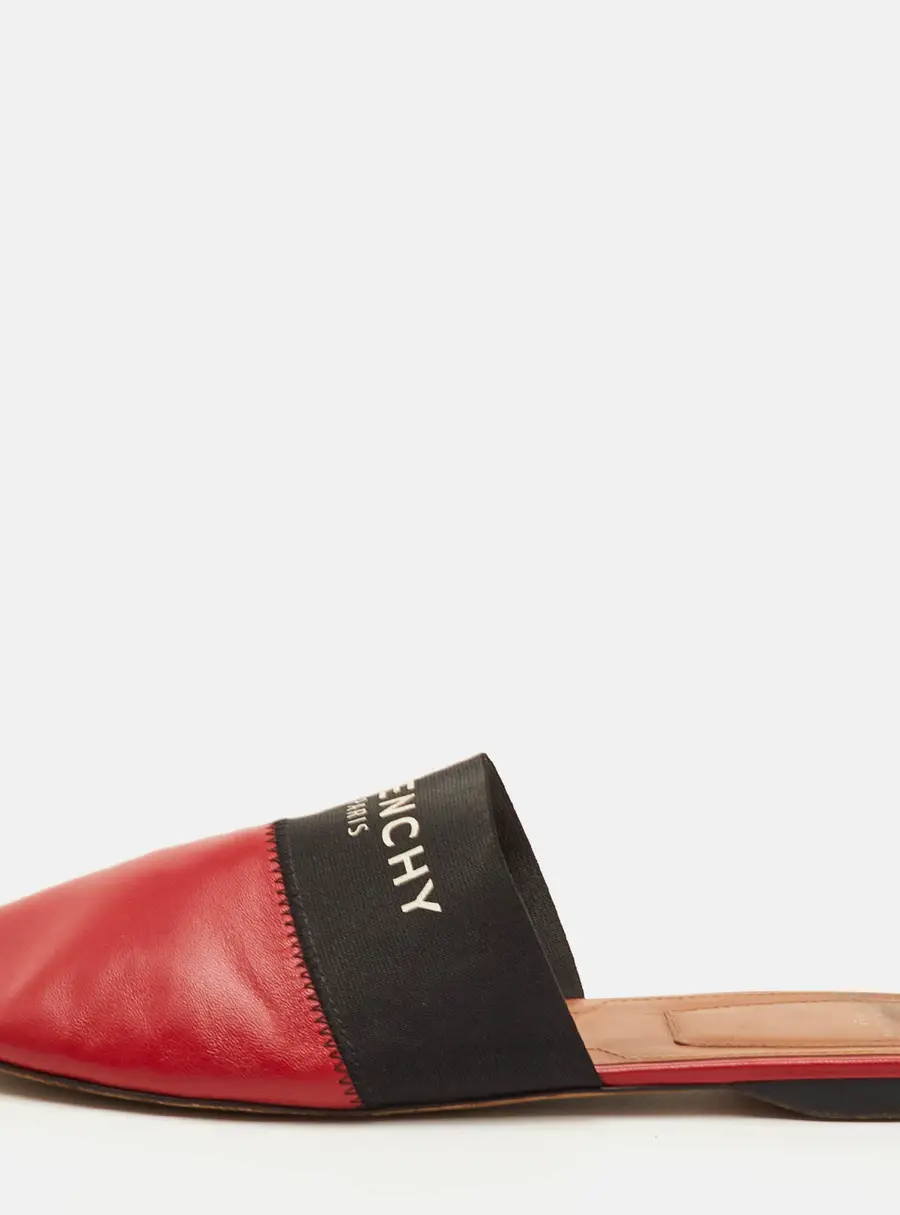 Givenchy Bedford Size 39 Red/Black Leather and Elastic Logo Flat Mules