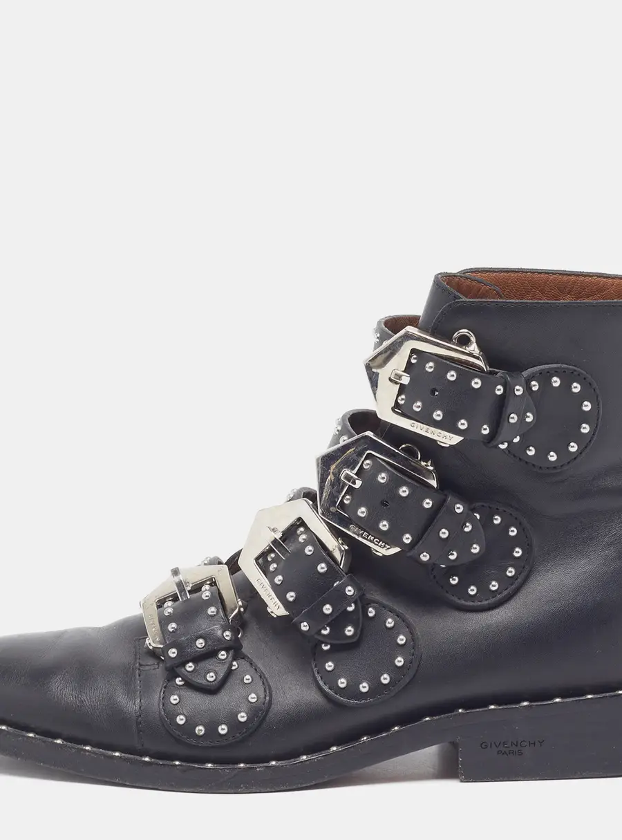 Givenchy Size 35 Black Leather Studded Buckle Detail Ankle Length Boots