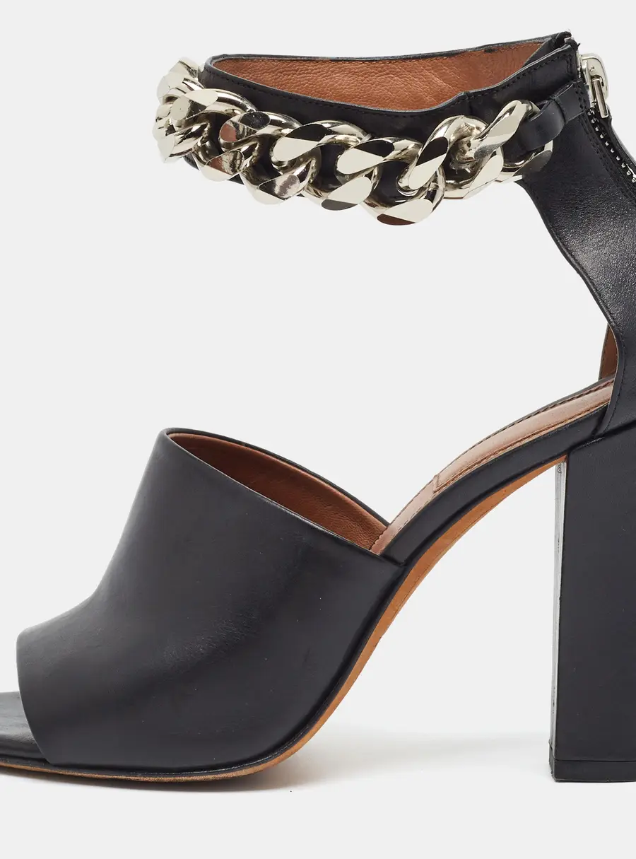 Givenchy Size 37 Black Leather Chain Embellished Ankle Strap Sandals