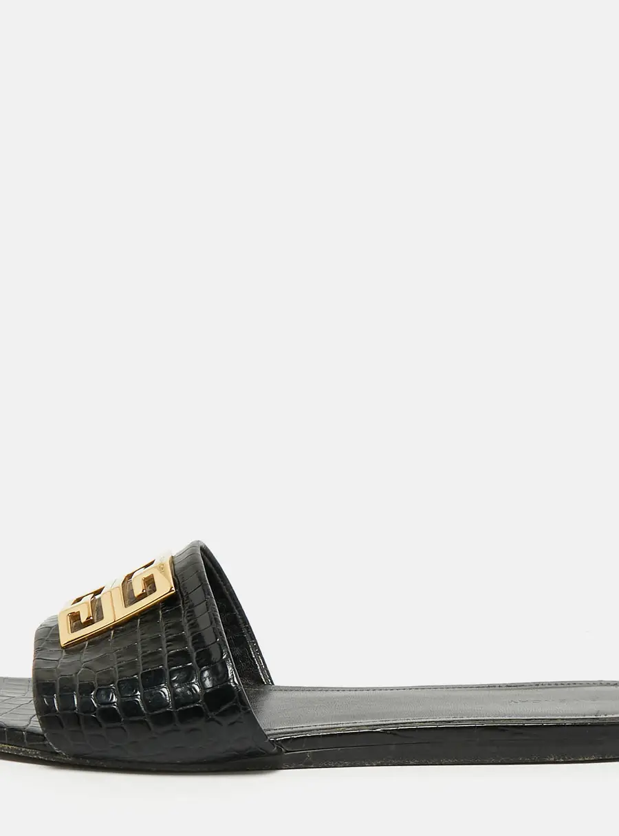 Givenchy 4G Size 40 Black Croc Embossed Leather Flat Sandals