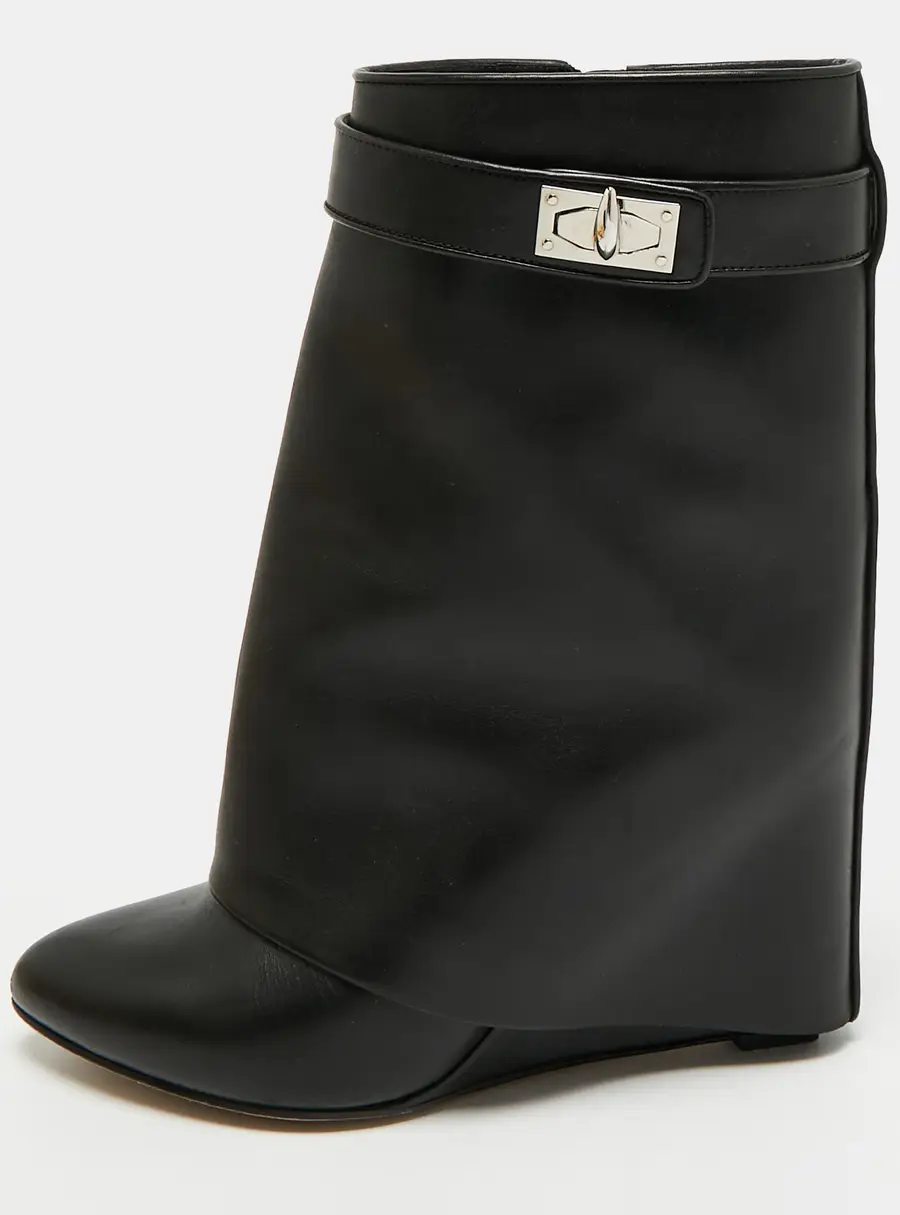 Givenchy Shark Size Black Leather Wedge Mid Calf Boots