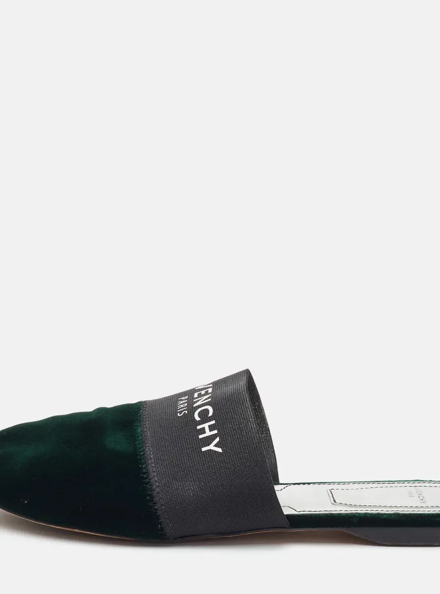 Givenchy Size 37 Dark Green/Black Velvet and Stretch Band Logo Flat Mules