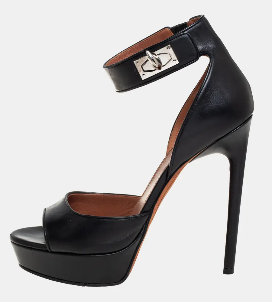 Givenchy Black Leather Shark Tooth Ankle Strap Open Toe Platform Sandals Size 39