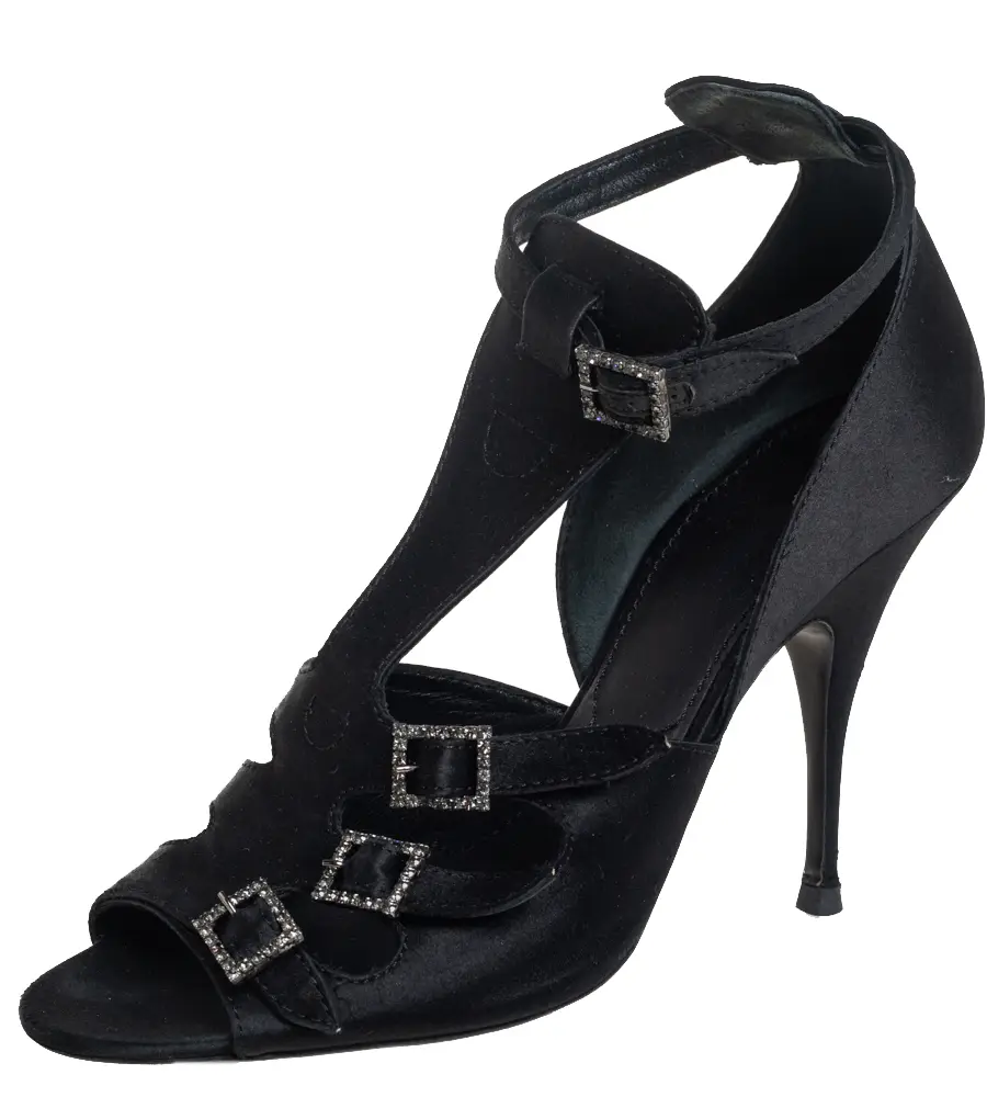 Givenchy Black Satin Cystal Buckle Embellished T-Strap Open Toe Sandals Size 38