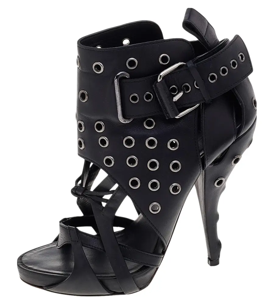 Givenchy Black Leather Studded Strappy Ankle Boots Size 38