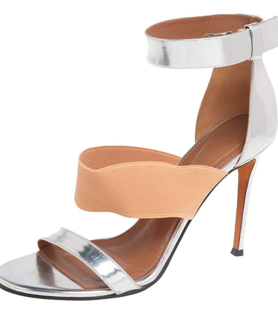 Givenchy Silver Foil Leather And Fabric Ankle Cuff Sandals Size 39