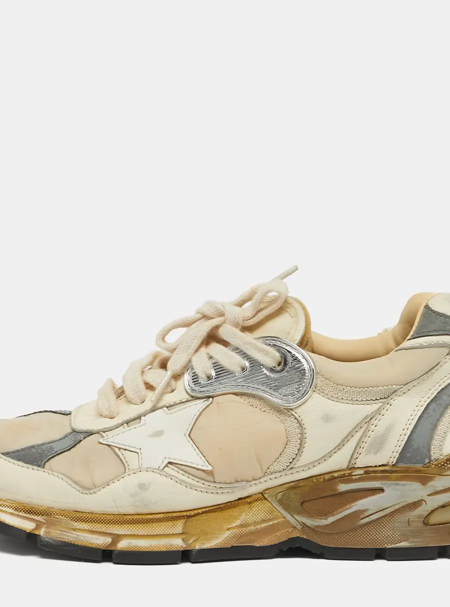Golden Goose Dad Star Size 35 Cream/Sliver Leather and Nylon Lace Up Sneakers