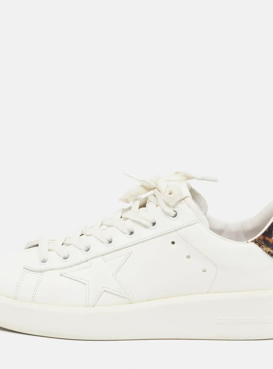 Golden Goose PureStar Size 38 White Leather and Leopard Print Calf Hair Low Top Sneakers