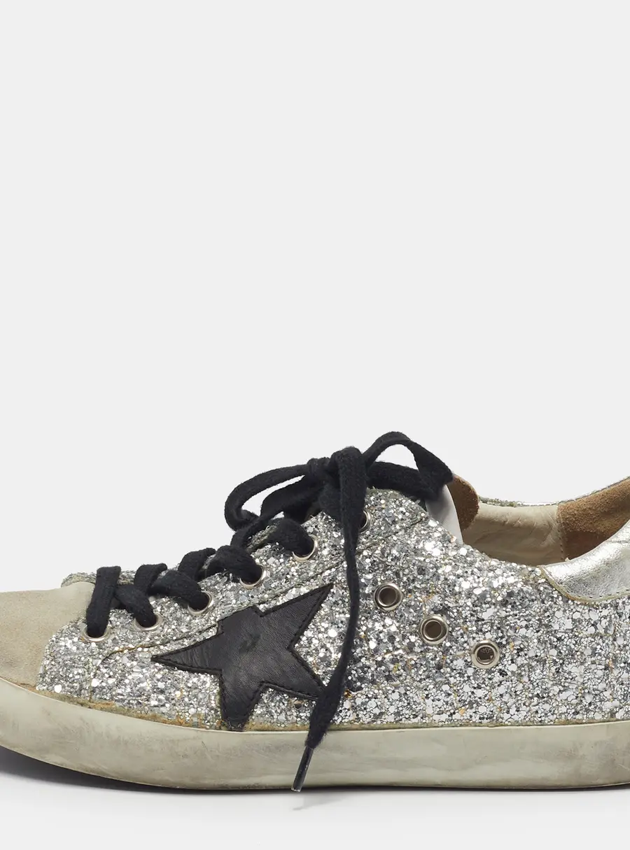 Golden Goose Super Star Size 37 Silver Glitter and Suede Low Top Sneakers