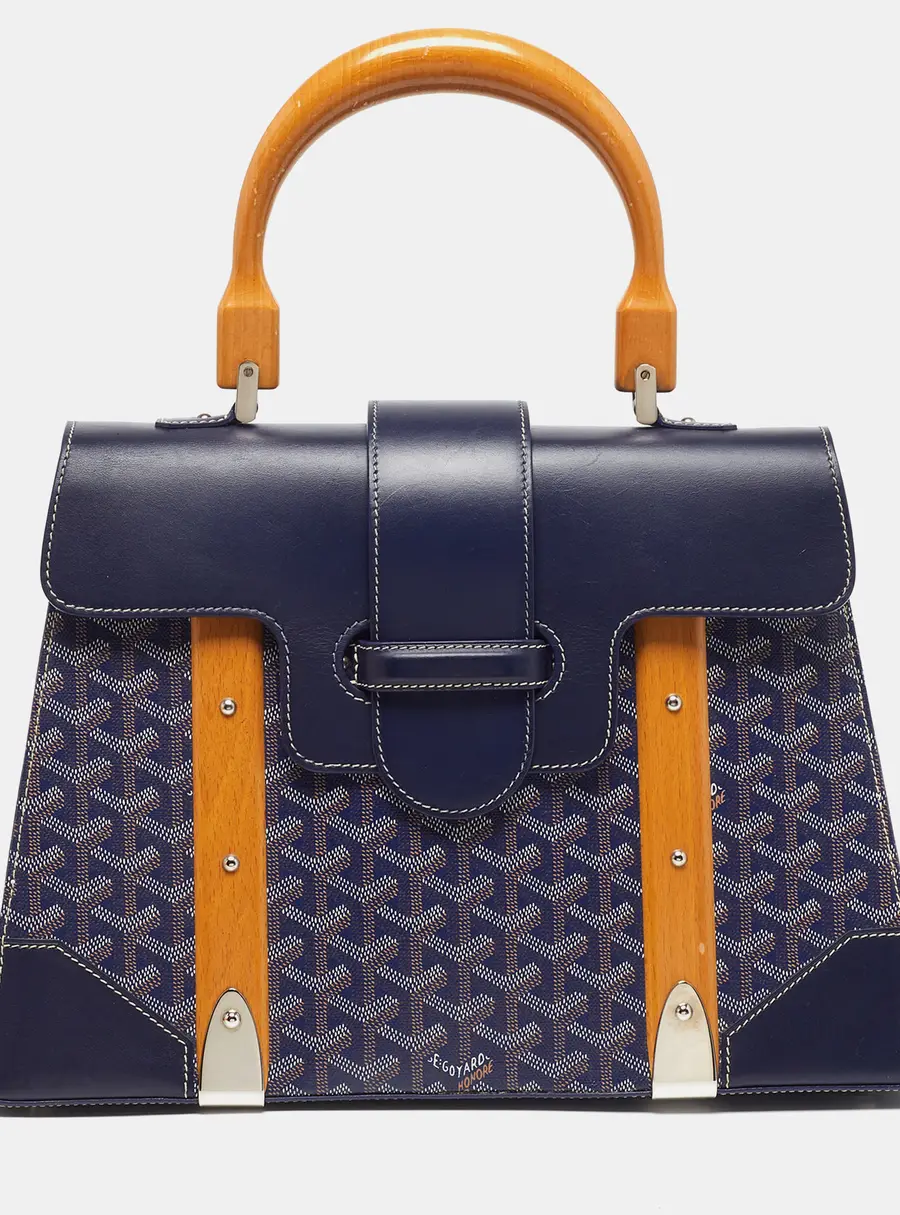 Goyard Saigon MM Navy Blue Goyardine Coated Canvas and Leather Top Handle Bag