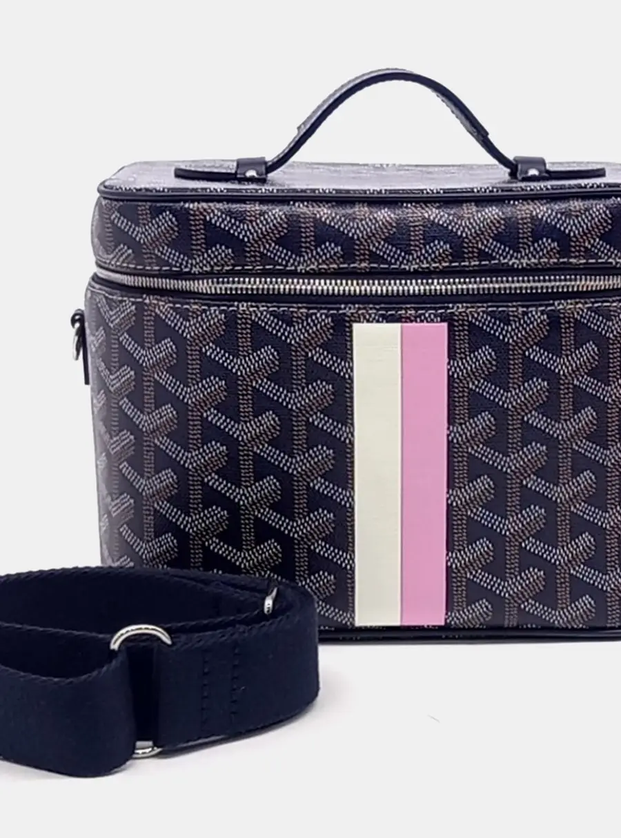 Goyard Vanity Case Black Goyardine Canvas Leather Trim Top Handle Bag