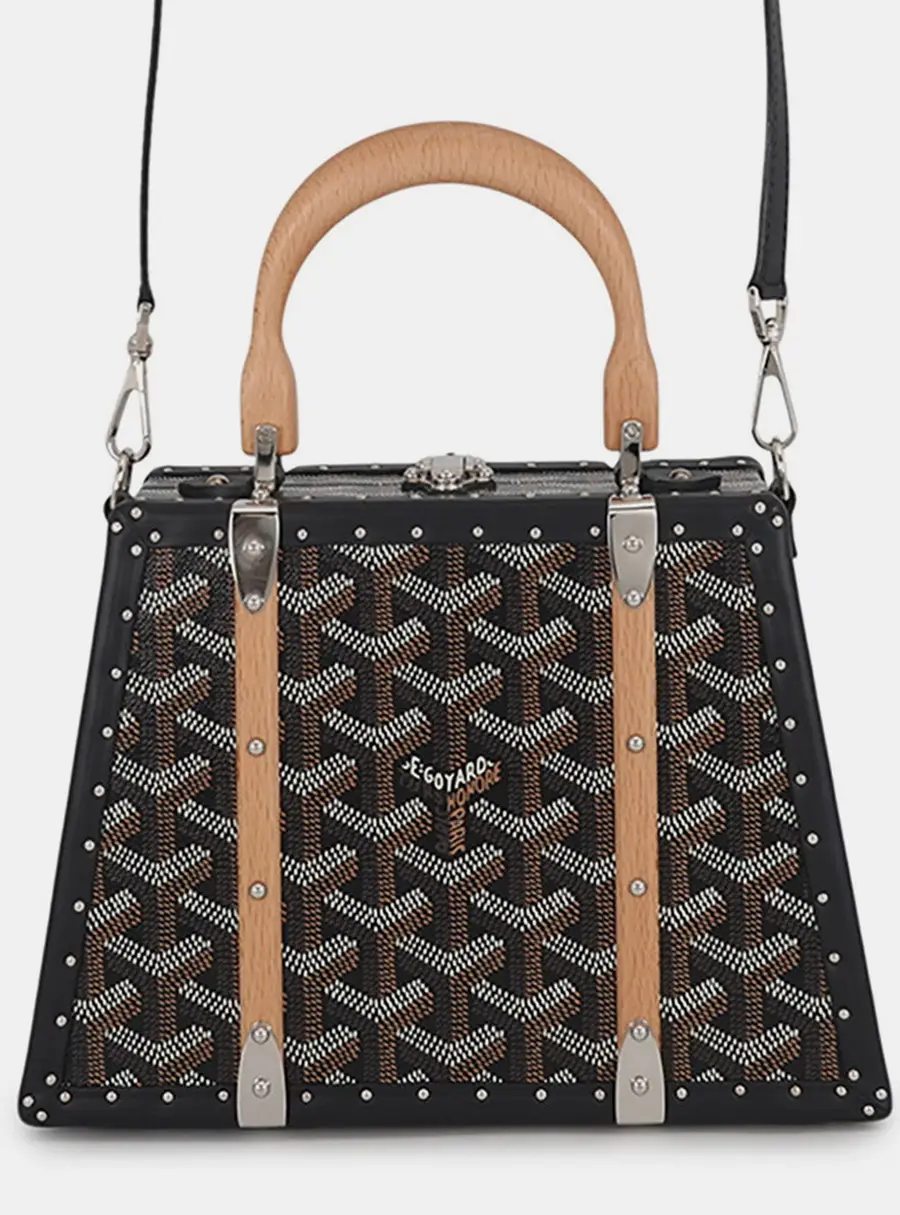 Goyard Saigon Mini Black Goyardine Canvas Leather Wood Top Handle Bag