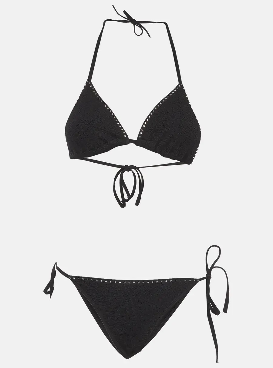 Hunza G Black Crinkle Jersey G Gina Swarovski 2 pc Bikini One Size