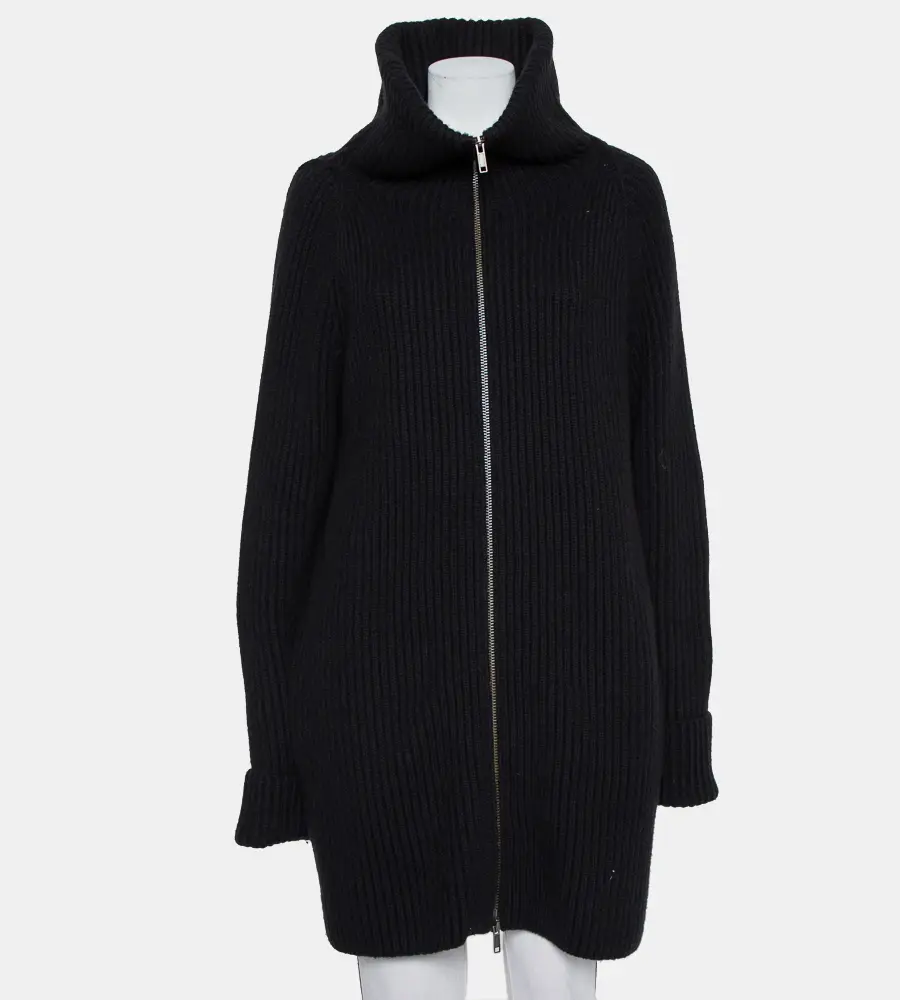 Haider Ackermann Black Wool Knit Collared Zip Front Oversized Long Cardigan XXS