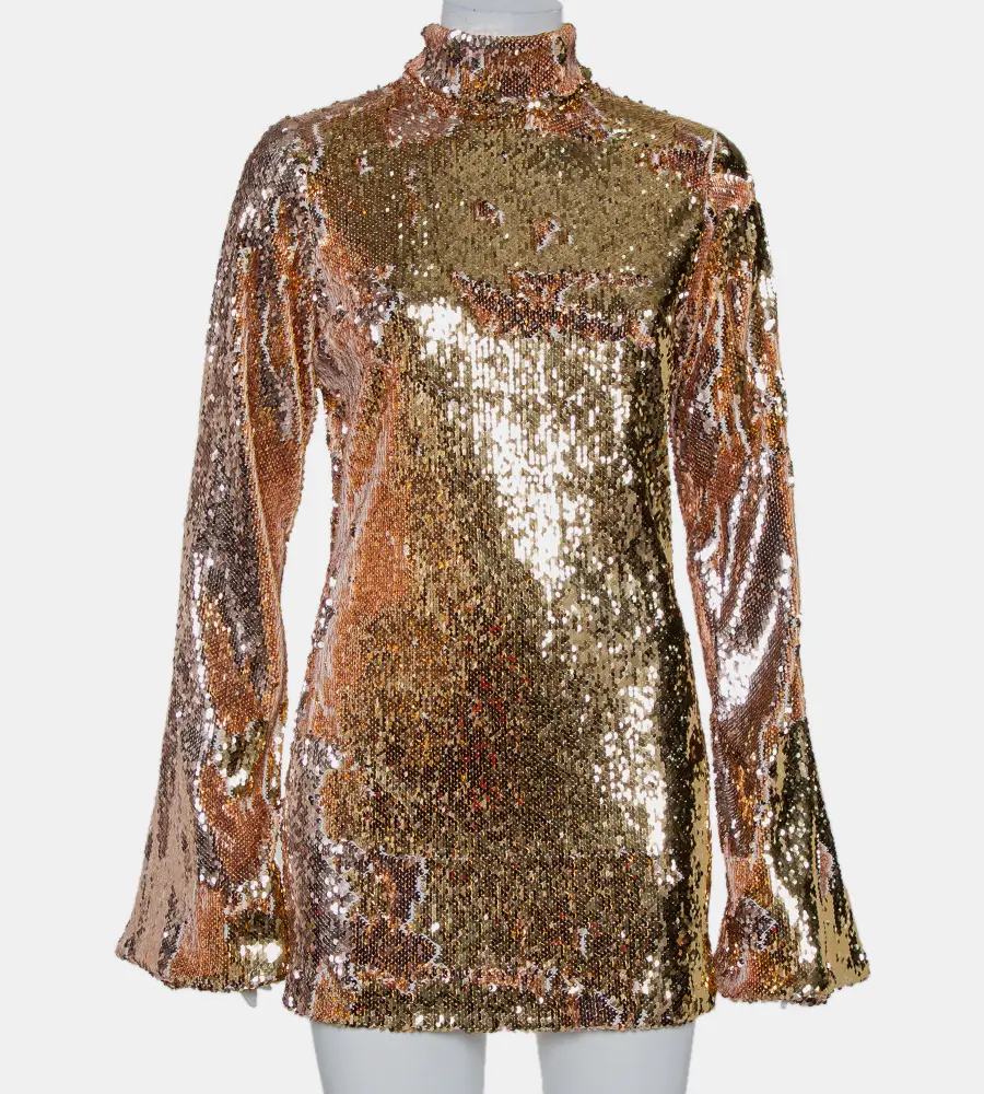 Halpern Gold Sequin Embellished Knit Bell Sleeve Detail Mini Dress S