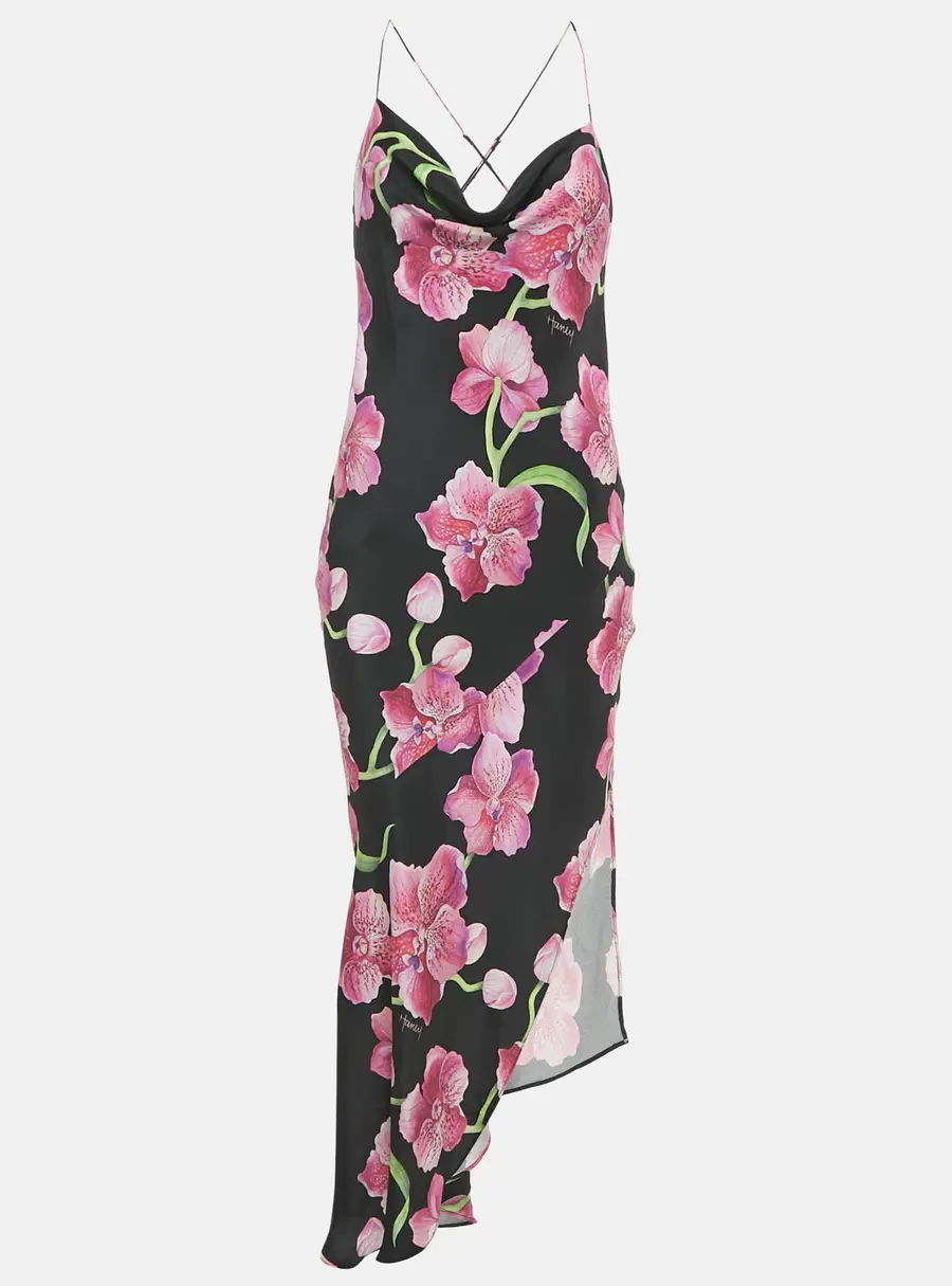 Haney Black Floral Print Silk Cowl Neck Slip Dress M