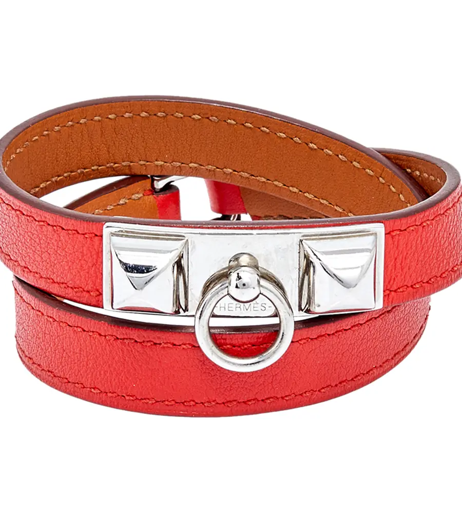 Hermès Orange Leather Palladium Plated Micro Rivale Double Tour Bracelet M