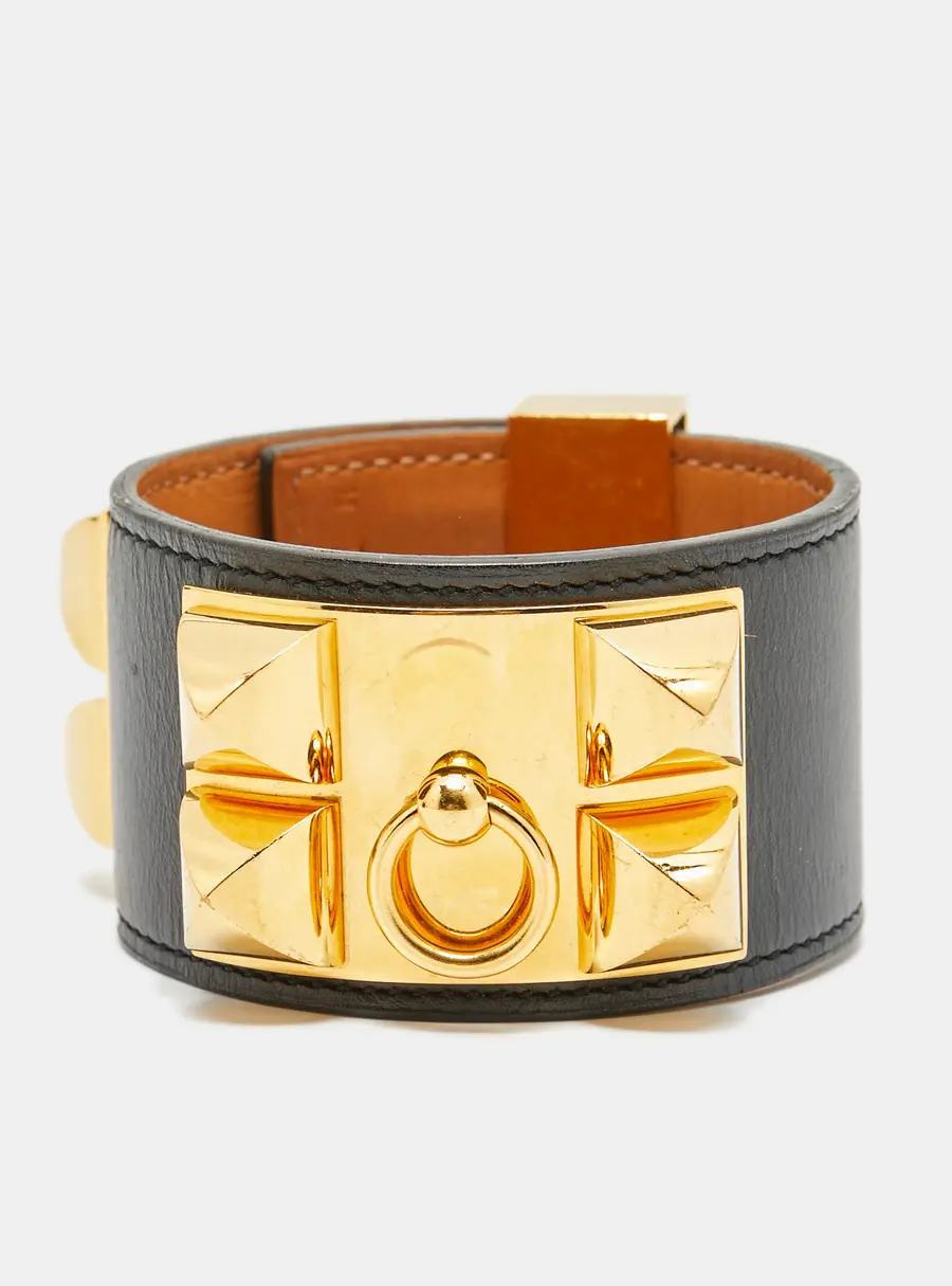 Herm&egrave;s Collier De Chien Black Leather Gold Plated Bracelet S