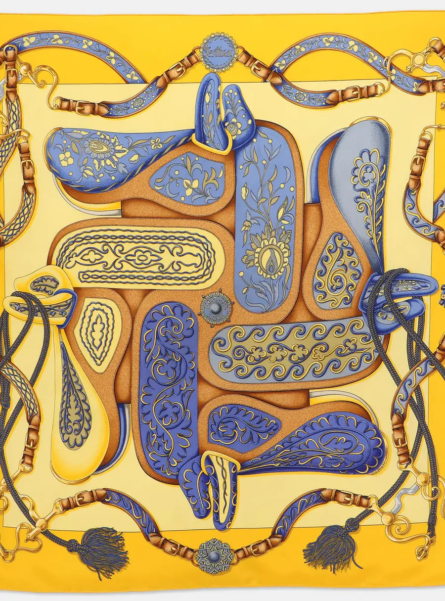 Hermès Yellow Multicolor Printed Silk Festival Scarf