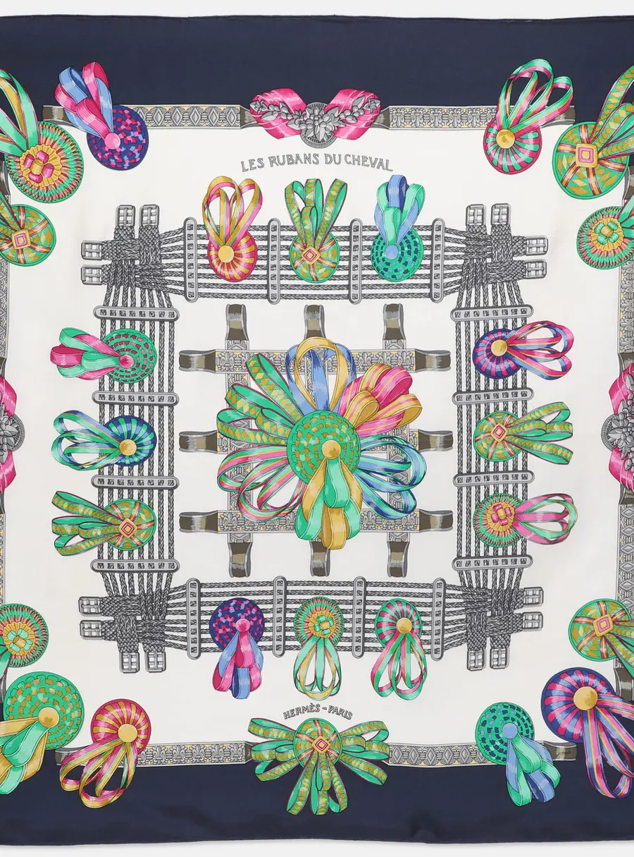 Herm&egrave;s Multicolor Print Silk Les Rubans Du Cheval Scarf