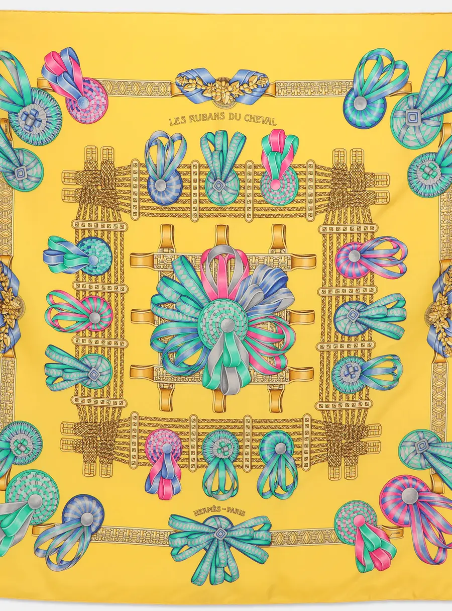 Herm&egrave;s Yellow Multicolor Printed Silk Les Rubans Du Cheval Scarf