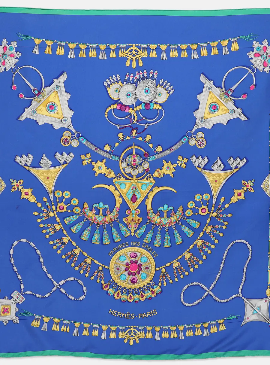 Hermès Blue Multicolor Printed Silk Parures Des Sables Scarf