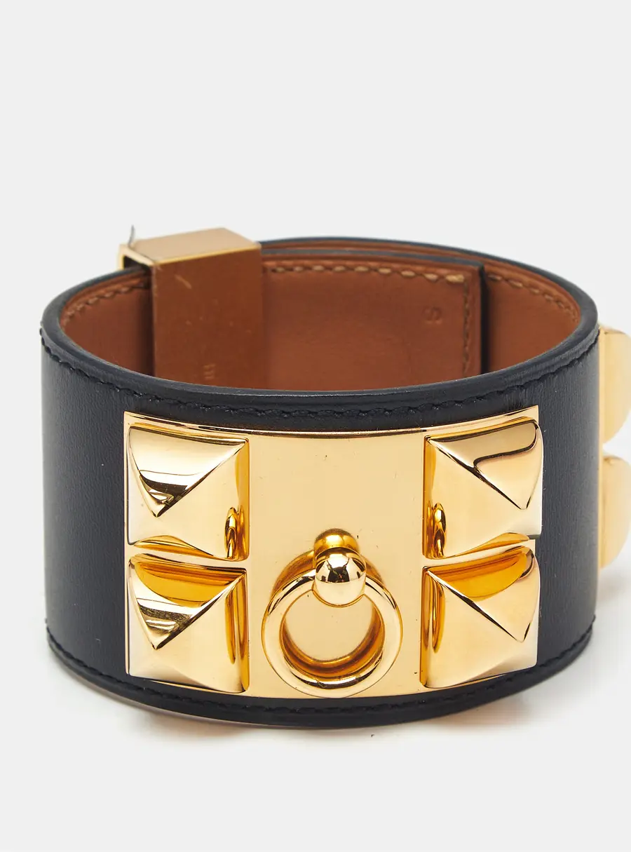 Herm&egrave;s Collier De Chien Black Leather Gold Plated Bracelet S