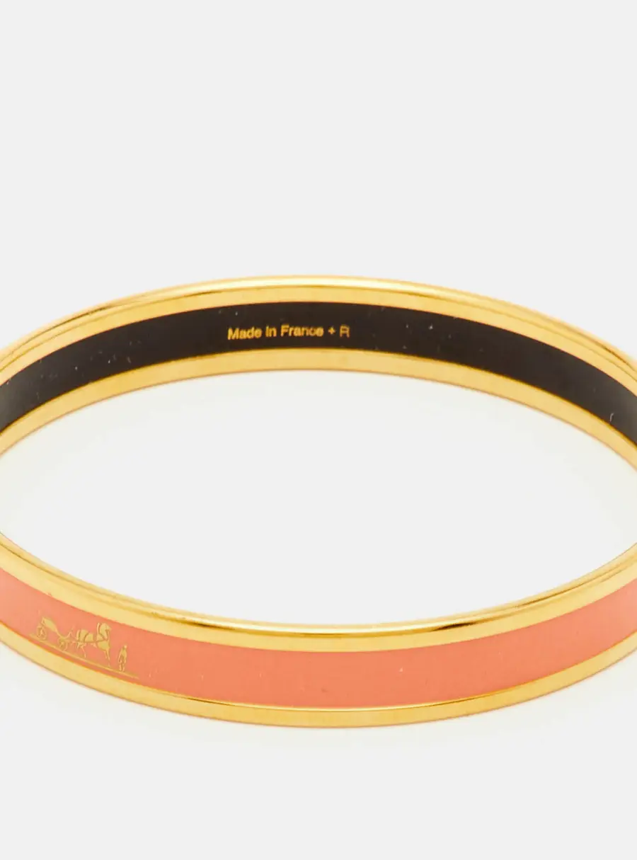 Herm&egrave;s Caleche Pink Enamel Gold Plated Narrow Bangle Bracelet
