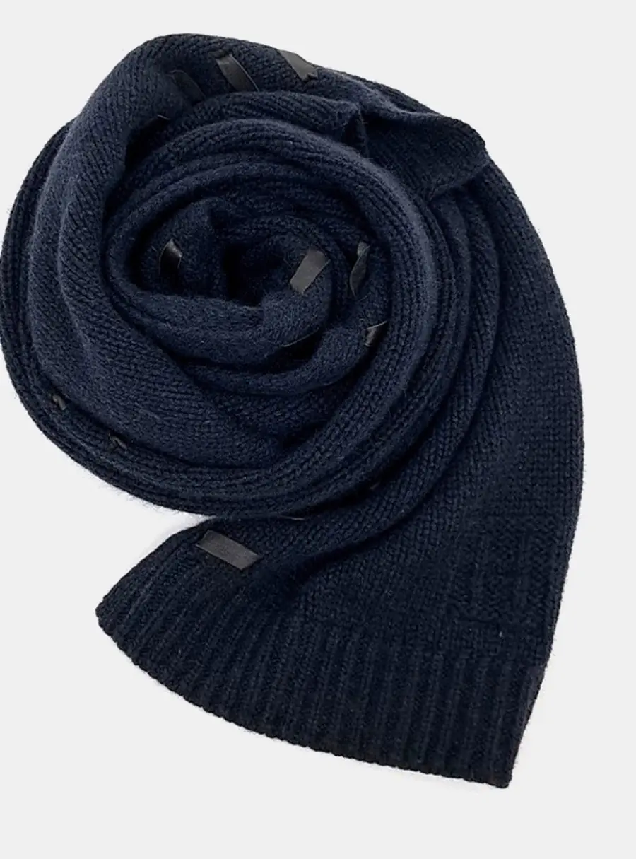 Hermes Navy Blue Cashmere Leather Trimmed Muffler