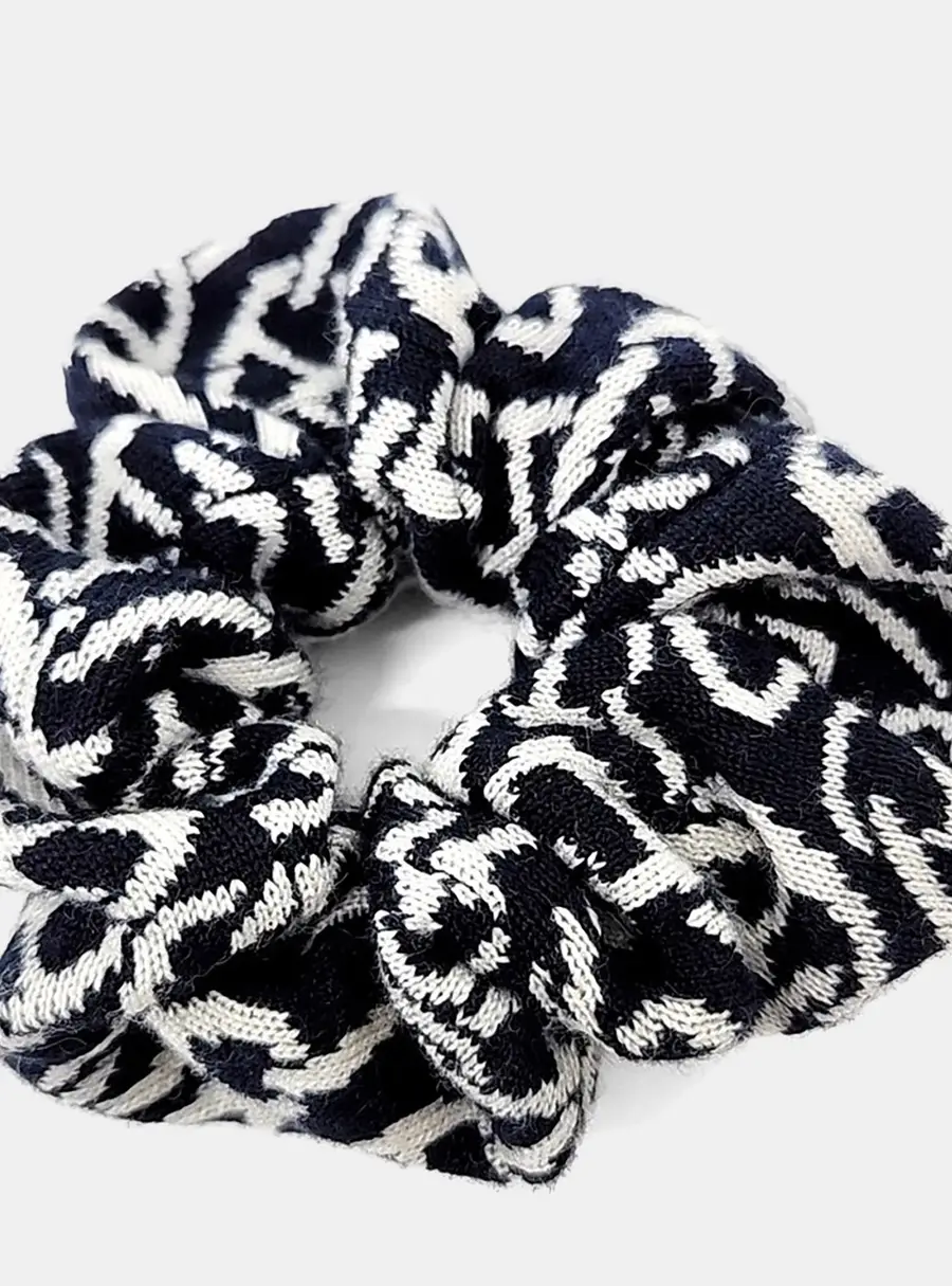 Hermes Black/White Silk Cashew Hair Scrunchie