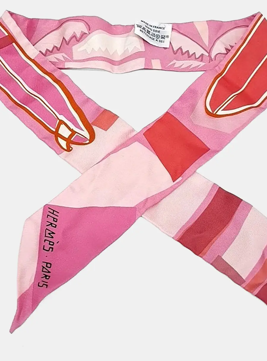 Hermes Pink/White Silk Twilly scarf