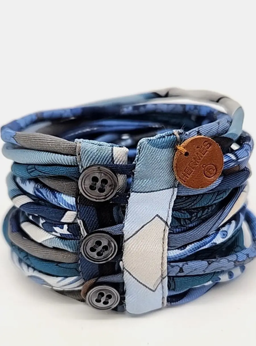 Hermes Petit H Blue Silk Button Bracelet