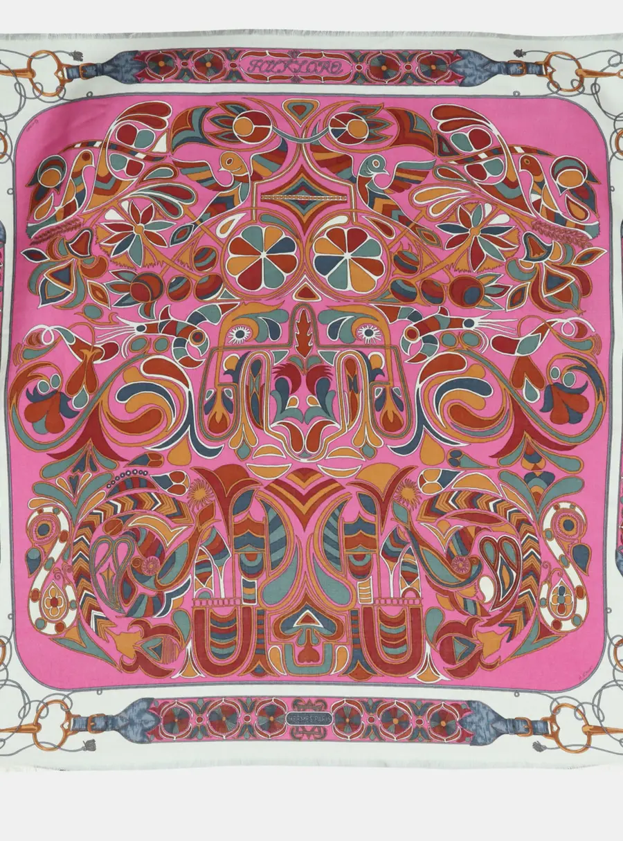 Hermes Cashmere, Silk Multicolor Printed Fringe Scarf