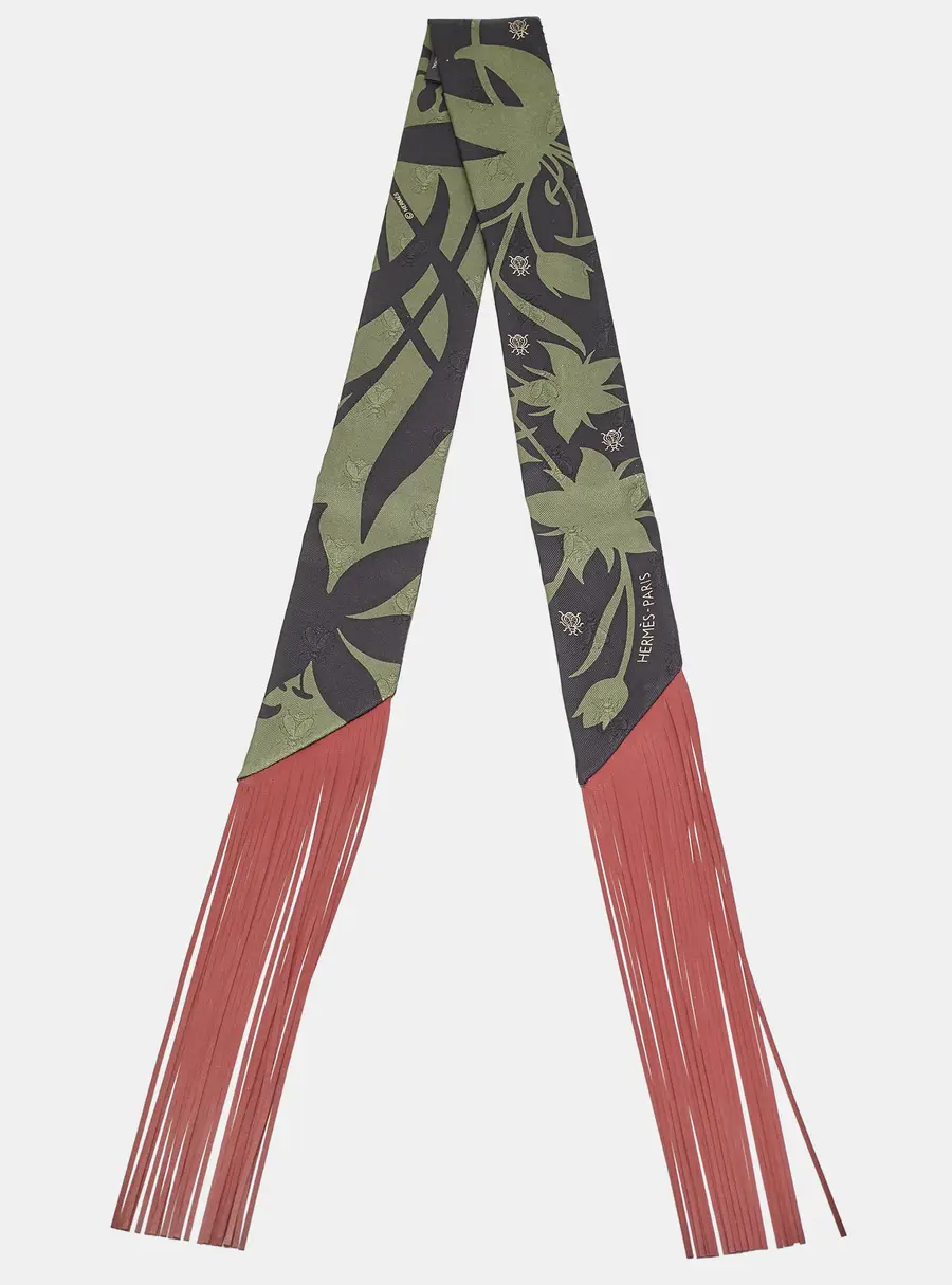 Hermès Green Bouquet Final Abeille Silk and Leather Fringe Twilly